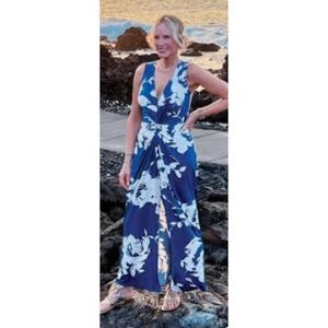 CLARA SUN WOO Crushed Silk Knit Center Slit Maxi Dress Sz M 12 Blue White Floral